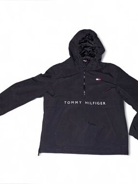 Men’s Tommy Hilfiger Black Pullover Water-Resistant Anorak Hooded Jacket Medium